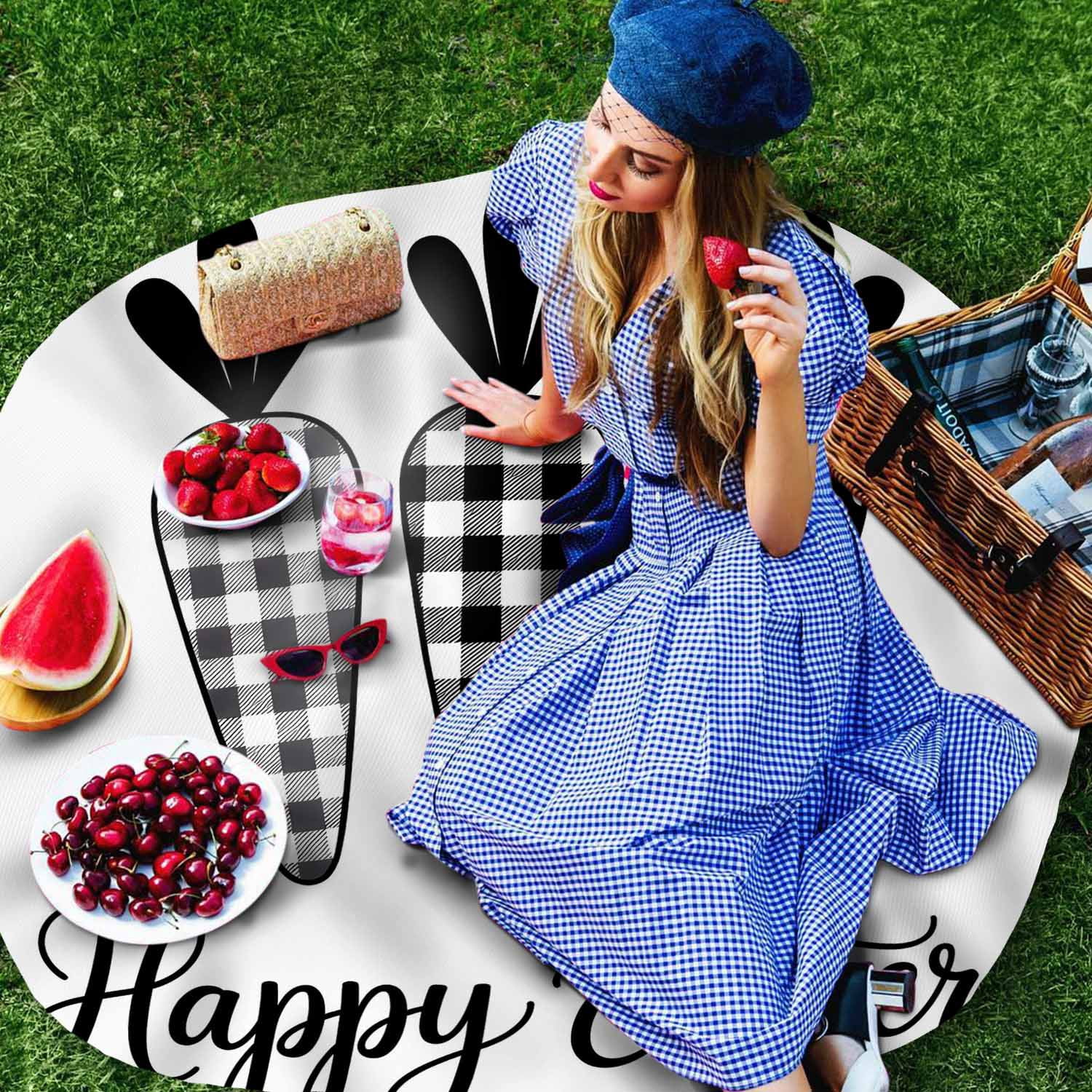 Round Tablecloth Happy Easter Waterproof Oil Proof Polyester Table Cloth Cover Decor for Home Dining Outdoor,Patio,Parties, 54" Dia. Farmhouse Plaid Carrots White