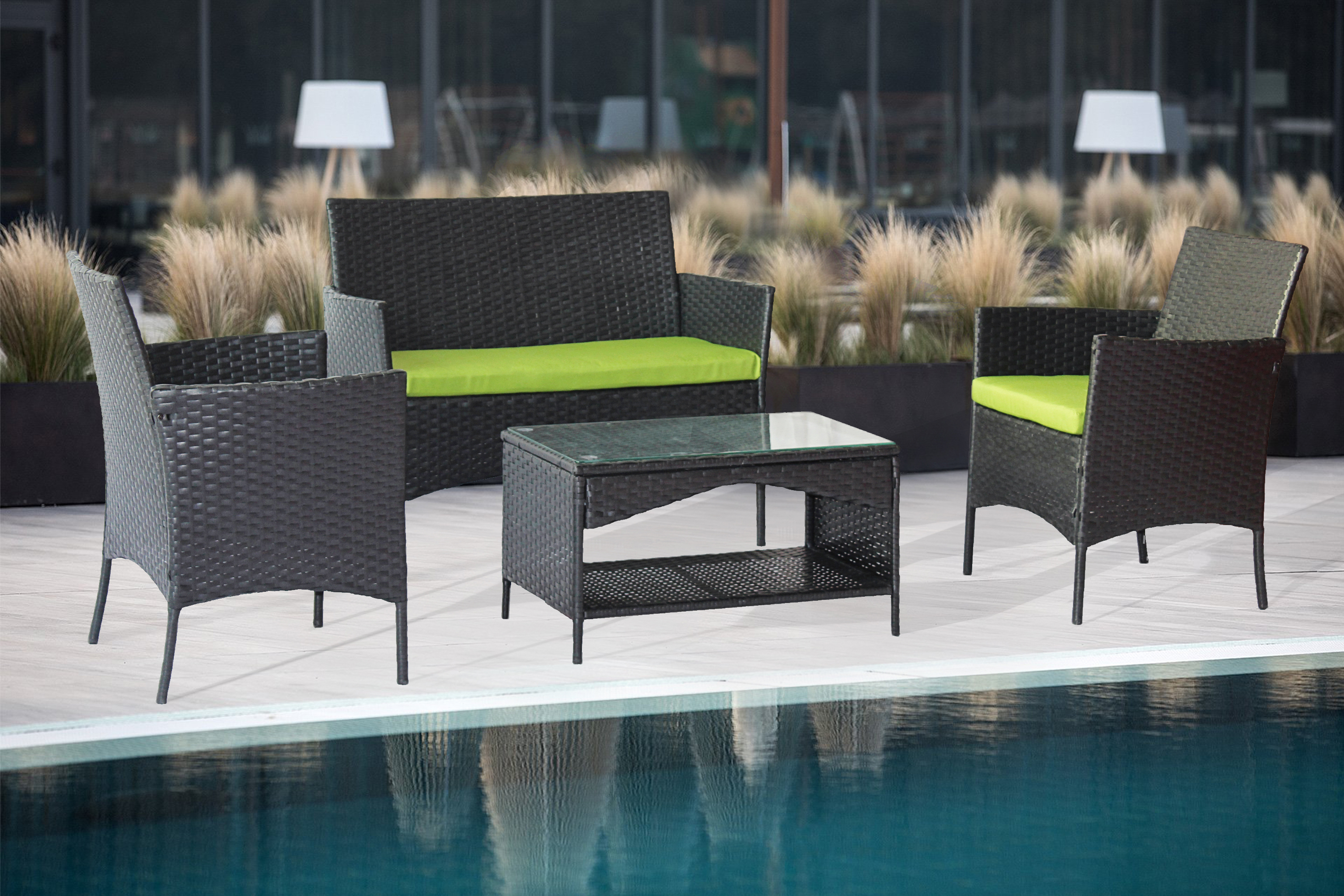 Outdoor Patio Set, iRerts Modern 4 Pieces Front Porch Furniture Sets, Rattan Wicker Patio Furniture Set with Green Cushion, Table, Patio Conversation Sets for Backyard Garden Poolside, Black, R2389 - image 5 of 8