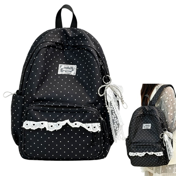 Black Polka Dot Backpack, Aesthetic Daypack for with Lace Large Laptop Daypack, Lightweight study Bookbag with Spacious Main Compartment and Side Pockets, Travel Backpack for Teens