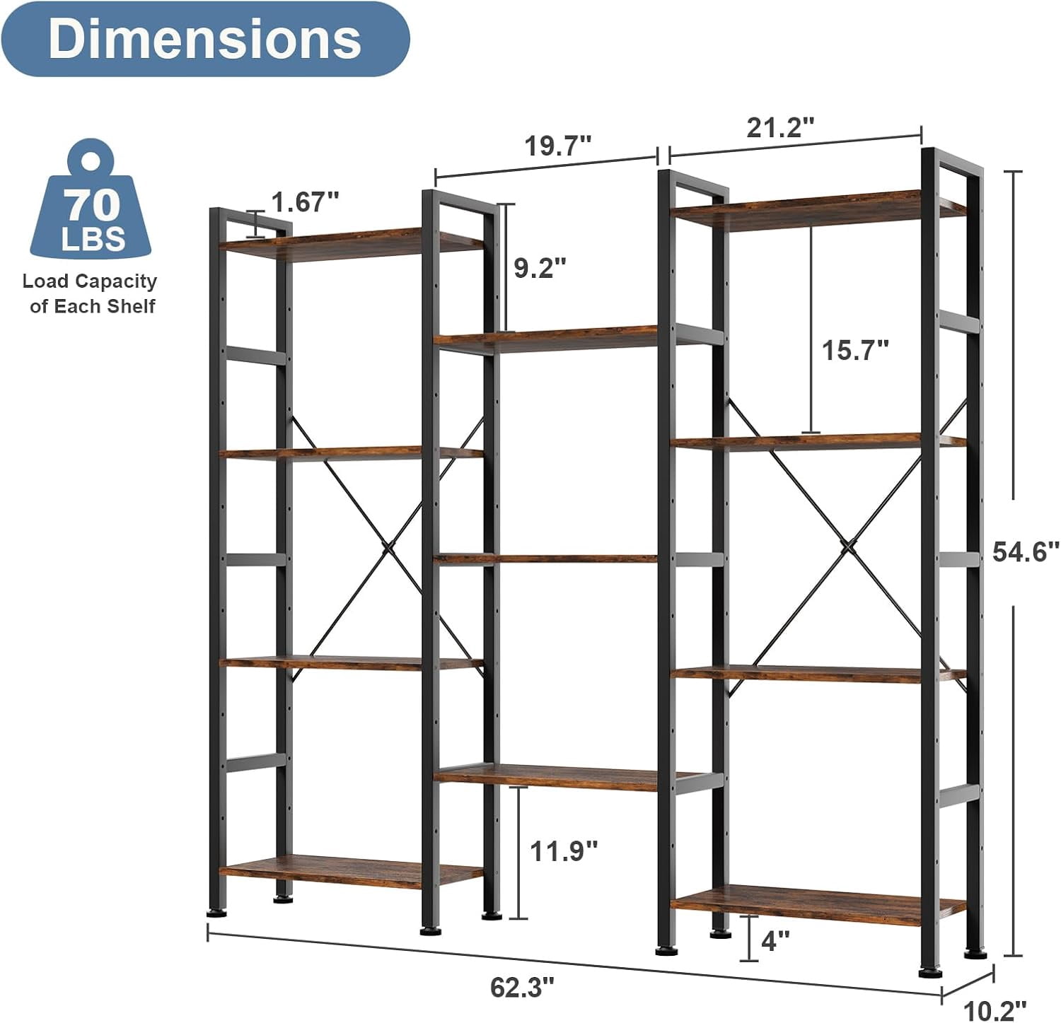 Atilioo Triple Bookshelf, 4-Tier Wide Bookcase with 11 Open Tall Display Shelves, Modern Industrial Book Shelves for Living Room Home Office, Brown
