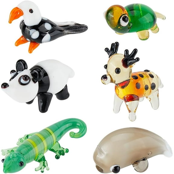 6Pcs Hand Blown Glass Figurines Miniature Animal Decor Colorful Glass Dolphin Bird Turtle Chameleon Deer Panda Display Decorations for Home Collectible Gifts Colorful