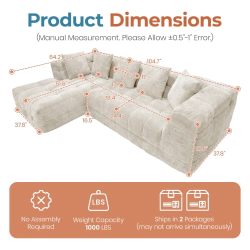 Corduroy 104.7" L-Shaped Modular Cloud Sectional Sofa, Oversized Deep Seat, 1000LBS Weight Capacity, No Assembly, Convertible Corner Chaise for Apartment, Beige