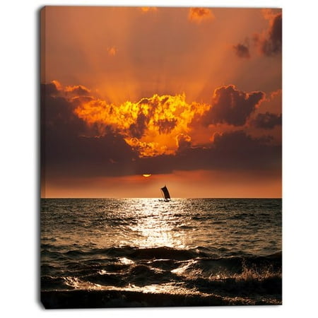 Design Art 'Sunset Beach with Distant Sail Boat' Photographic Print on Wrapped