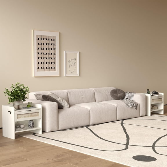 Historyli Rattan Nightstand-2PC Bedside Table,End Table,Boho Night Stand with Type-C Charging Station-Side Tables,Suitable for Bedroom,Office-Milky white