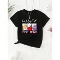 thumbnail image 1 of Girls' First Grade'Hello Graphic T-Shirt - Black Casual Knit Short Sleeve Top with Round Neck, Summer Wear, Soft Polyester Blend, Machine Washable, Everyday Youngsters'S Top | Medium Elasticity, 1 of 6