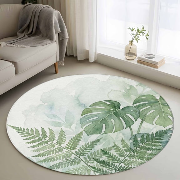 Round Rugs 3.3Ft, Summer Botanical Round Area Rug Washable Indoor Throw Carpet, Green Palm Leaves Tropical Plant Soft Non Slip Circle Rug for Laundry Room Patio Home Decor Aesthetic