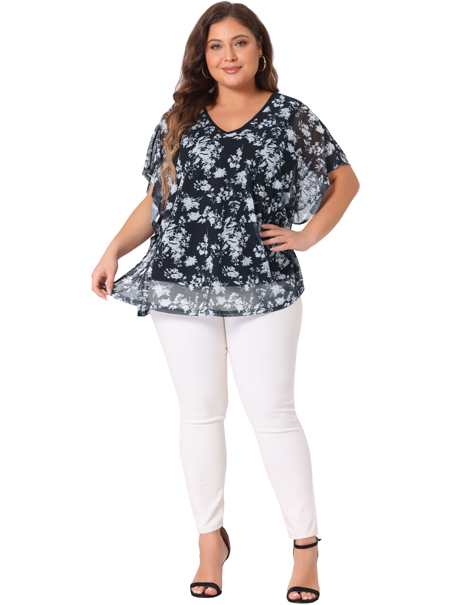 DARING DIVA Women's Plus Floral Batwing Sleeve Loose Blouse 3X Black