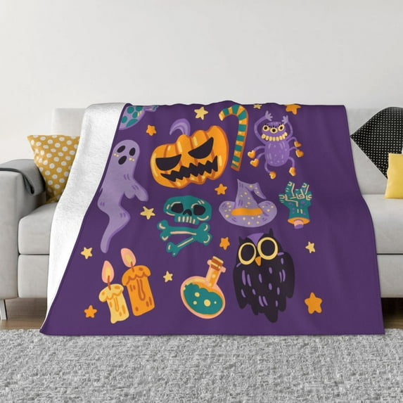 XMXT Throw Blanket, Pumpkin Ghost Purple Background Machine Washable Blankets for Sofa, 40 x 30 inches