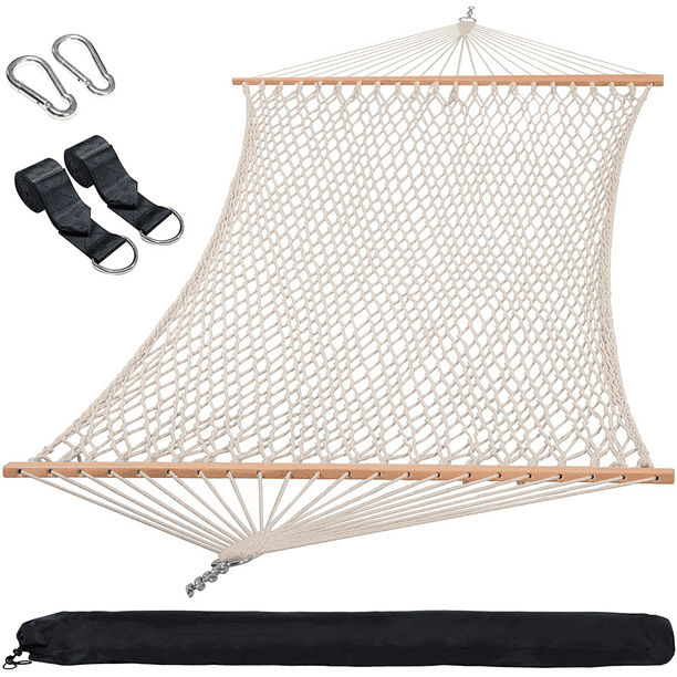 SUNCREAT Hammocks Cotton Rope Double Hammock with Hardwood Spreader Bar