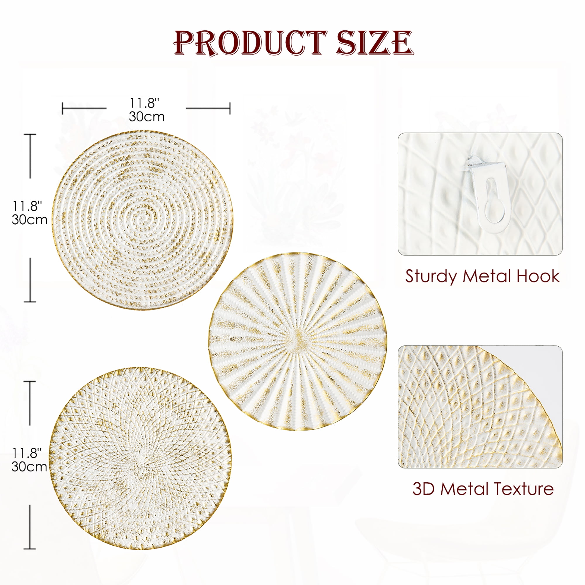 3Pcs 12" Gold Wall Decor Metal White Washed Starbursts Radial Plate Wall Art Modern Accent Hanging Wall Home Decorations