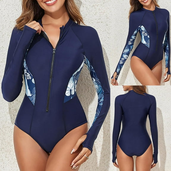 Lcziwo Womens Tummy Control Swimwear One Piece Long Sleeve Rash Guard Sun Protection Printed Zipper Slim Swimsuit Navy,XXL