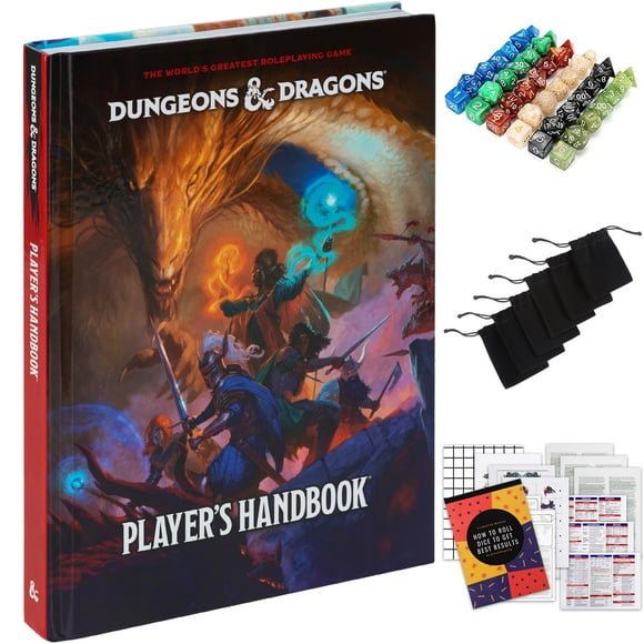 CraftyCrocodile Dungeons and Dragons 2024 Player's Handbook Bundled with DND 6 Dice Sets, Flannel Bags, Complete Printable Kit - Core Rulebook with D&D Starter Set Accessory -