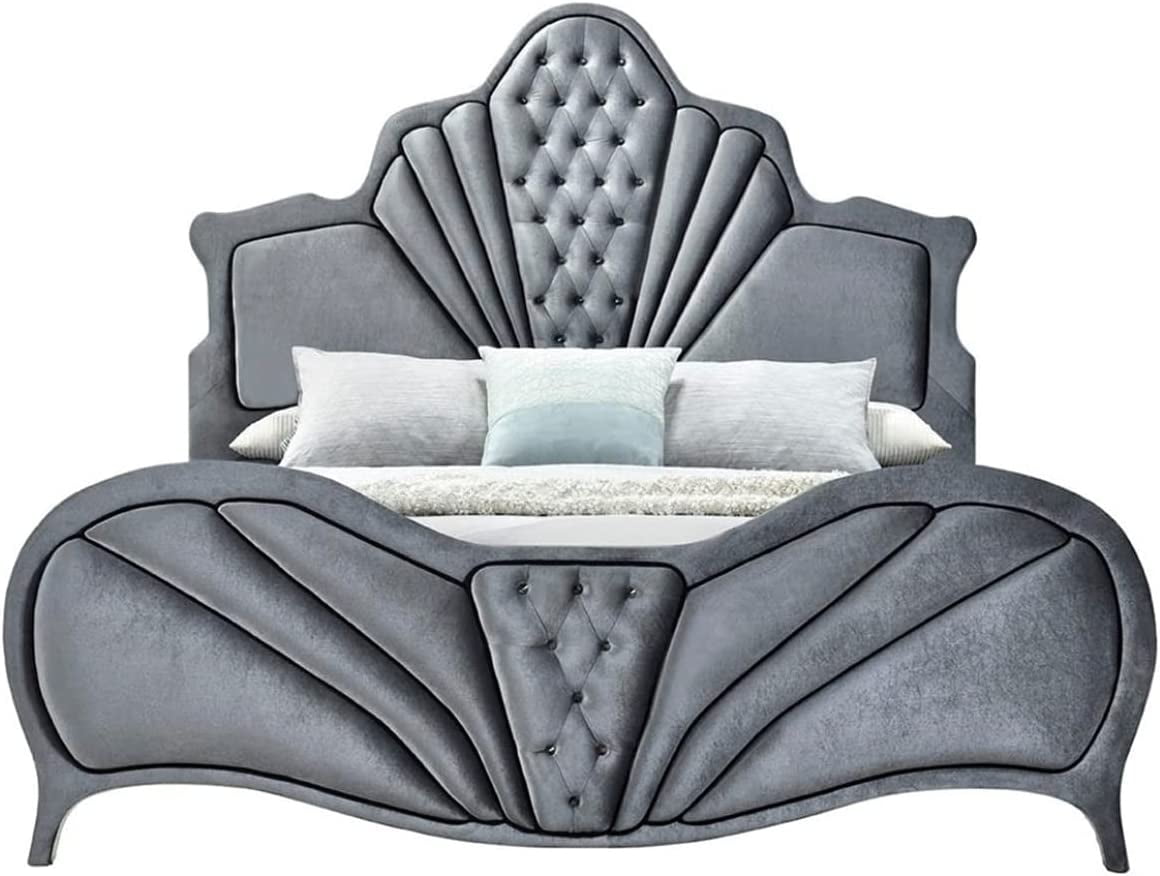 Luxury Velvet Upholstered Queen Size Bed Frame with Arched Headboard with Button Tuft, Gray