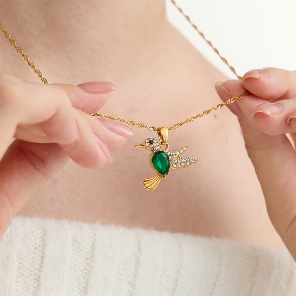 Sunyuer Vintage Green Cubic Zirconia Hummingbird Necklace for Women - Stainless Steel Jewelry with Delicate Chain and Sparkling Pendant