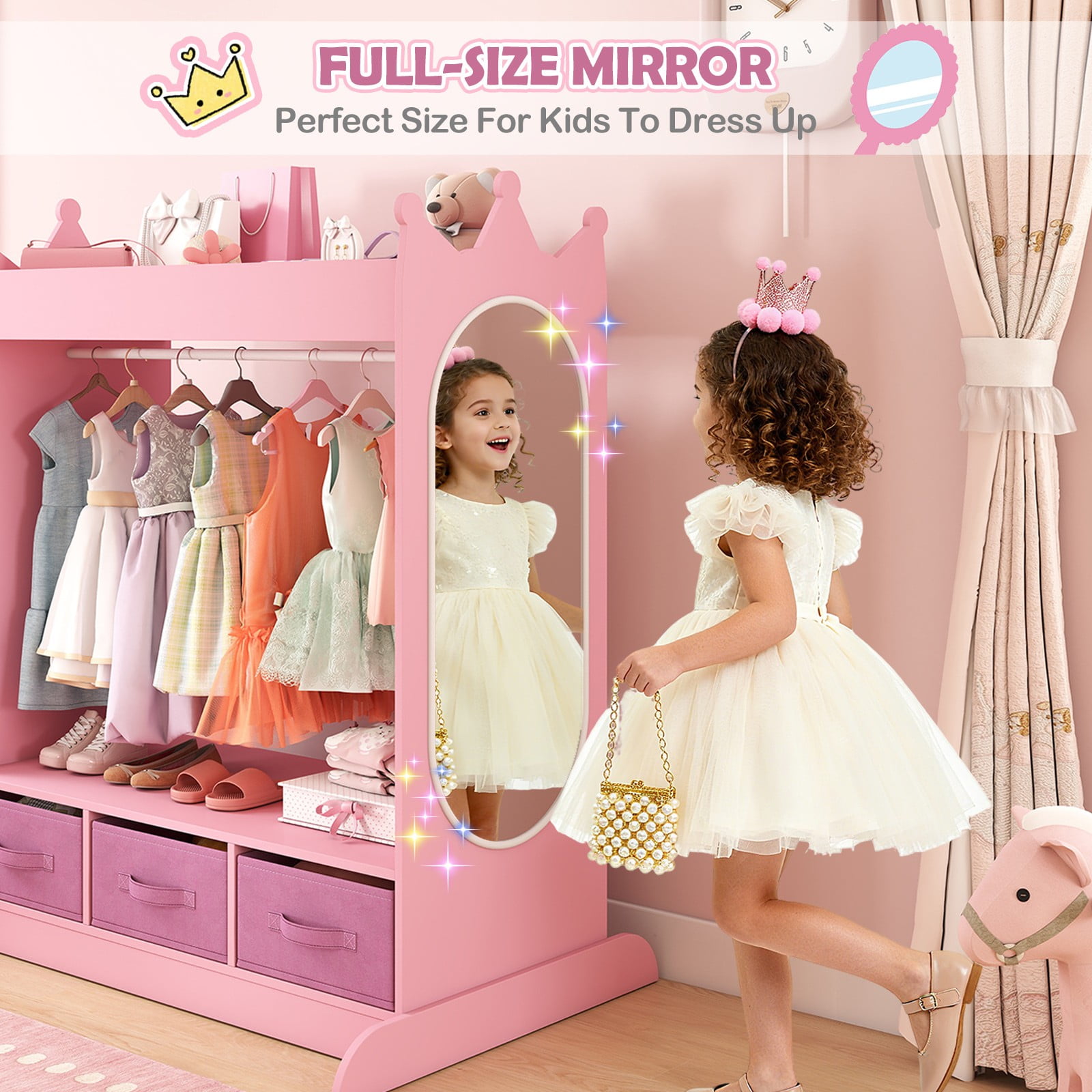 princess dress up mirror JOYLDIAS Kids Armoire Pretend Dress-Up Storage Openning Hanging Closet  Wardrobe Girls Bedroom Furniture with Mirror, 3 Drawers(Pink)