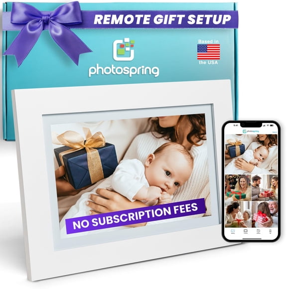 PhotoSpring Sans Abonnement, Cadre WiFi 10 Pouces, Entreprise Américaine, Application Email Web, Partage Familial, Photos Cadeaux Préchargées, Écran Tactile 32 Go, Lire des Vidéos jusqu'à 5min