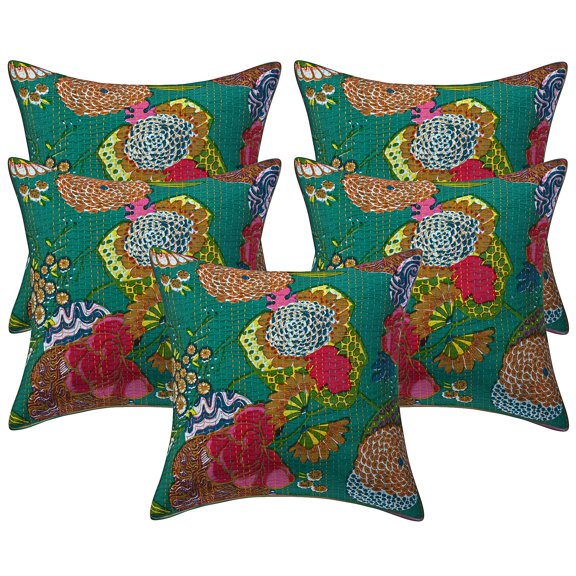 Stylo Culture Indian Couch Throw Pillow Covers 16 x 16 Kantha Emerald Green Printed 40cm x 40cm Home Decor Cotton Tropicana Square Cushion Covers | Set Of 5