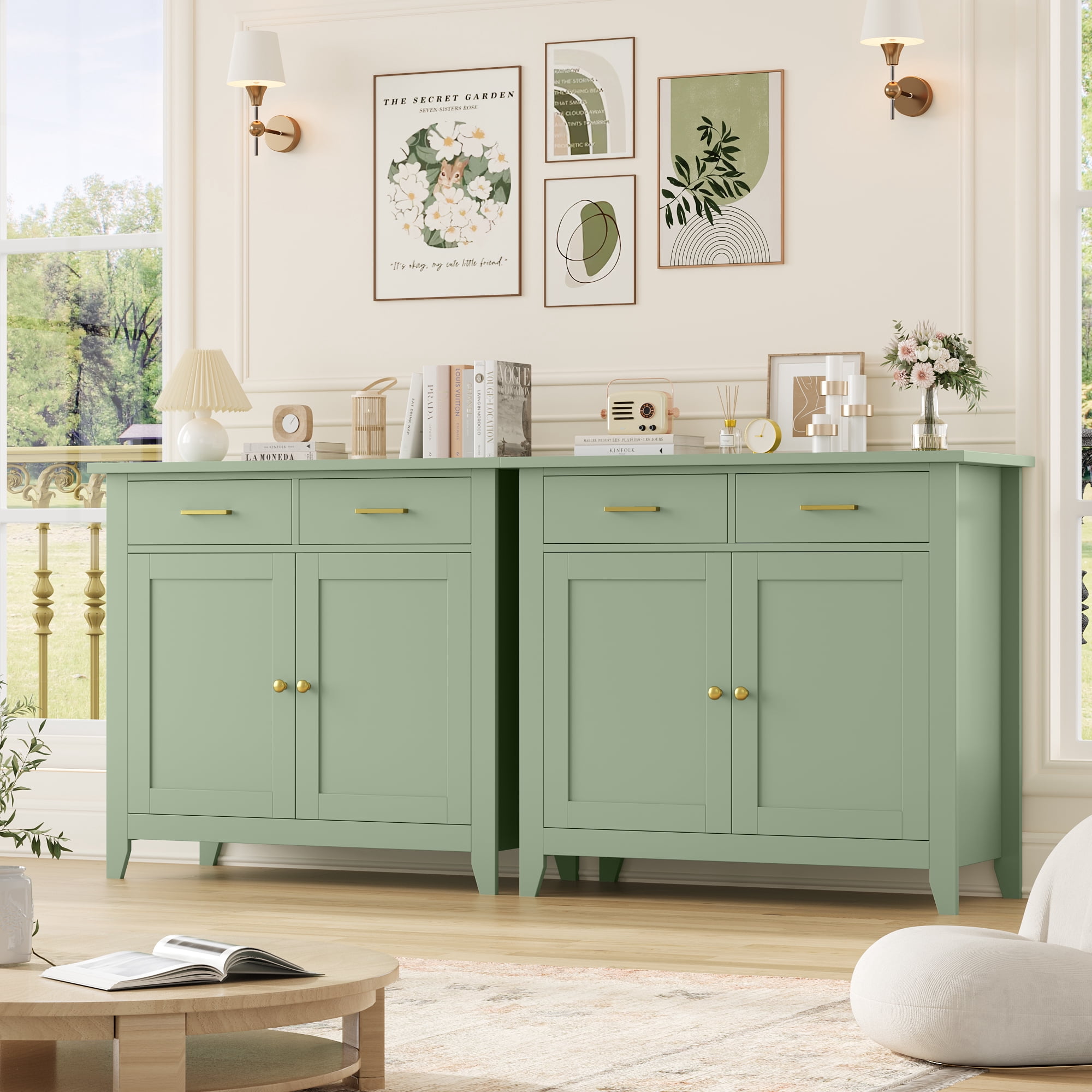 Homfa Kitchen Storage Cabinet, Farmhouse Buffet Sideboard with 2 Drawers and 2 Doors, Entryway Cabinet Coffee Bar for Dining Room Living Room, Green
