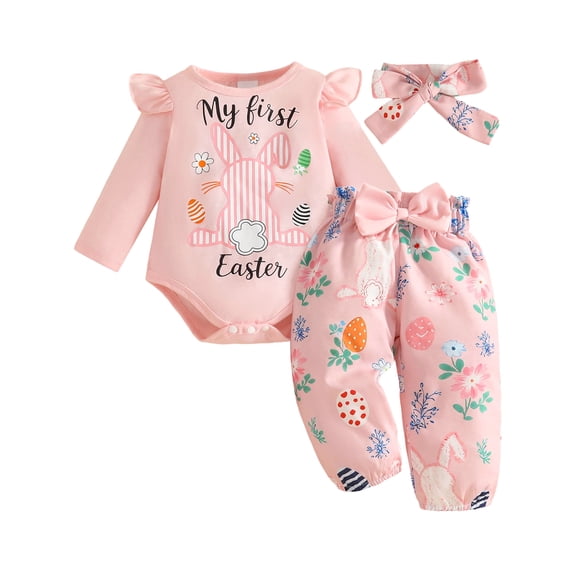 HWJAD Newborn Baby Girl Easter Outfit My 1st Easter Romper Ruffle Bunny Tops Long Pants Headband Easter Clothes 0-18M