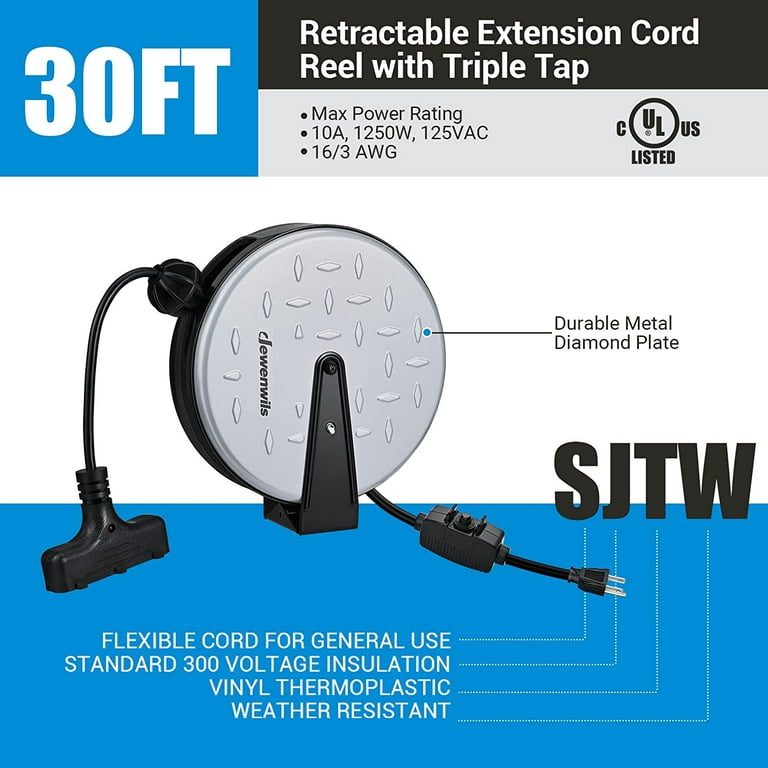 Extension Cord Reel, 30 Ft Retractable Electrical Cord Reel, 16/3 SJTW  Power Cord with 3 Electrical Outlets, 10A Circuit Breaker, Wall or Ceiling