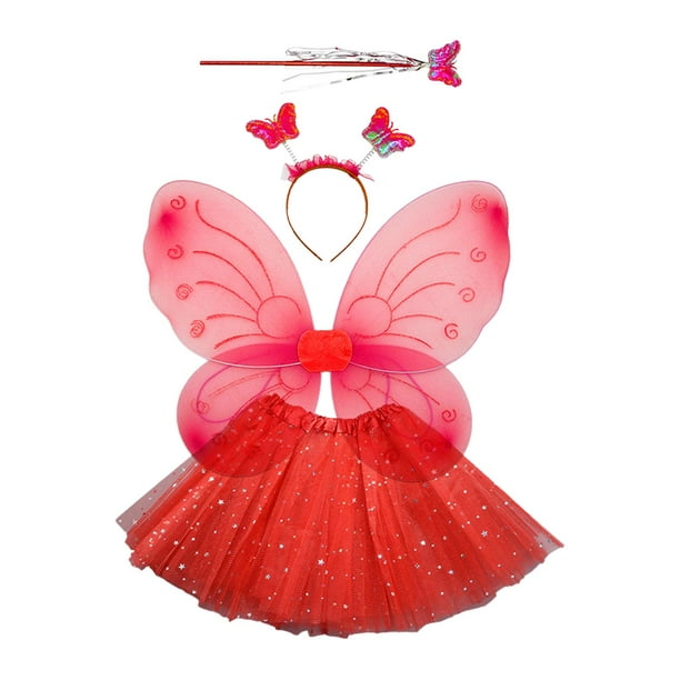 Disfraz de hada para niñas, disfraz de ala de mariposa, disfraz de falda tutú para niños, 4 piezas/juego, disfraz de mariposa para regalo de fiesta de Rojo Salvador disfraz de hada