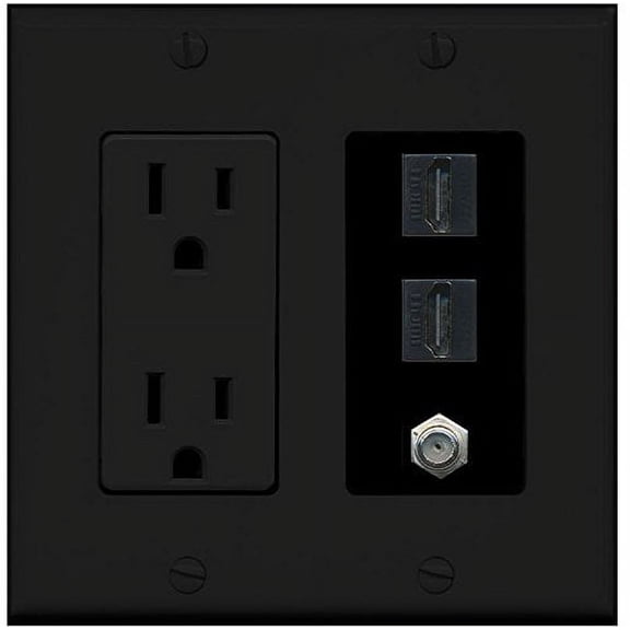 RiteAV - (2 Gang Decorative 15A Power Outlet 2 HDMI Black Coax Black Wall Plate Black