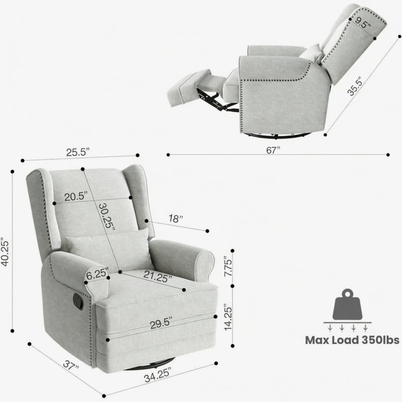 34.25" Extra Wide Swivel Recliner Glider Chair with Rocking, Lounge Chair with Pull-Out Footrest, Waterproof Fabric, Tool-Free Assembly