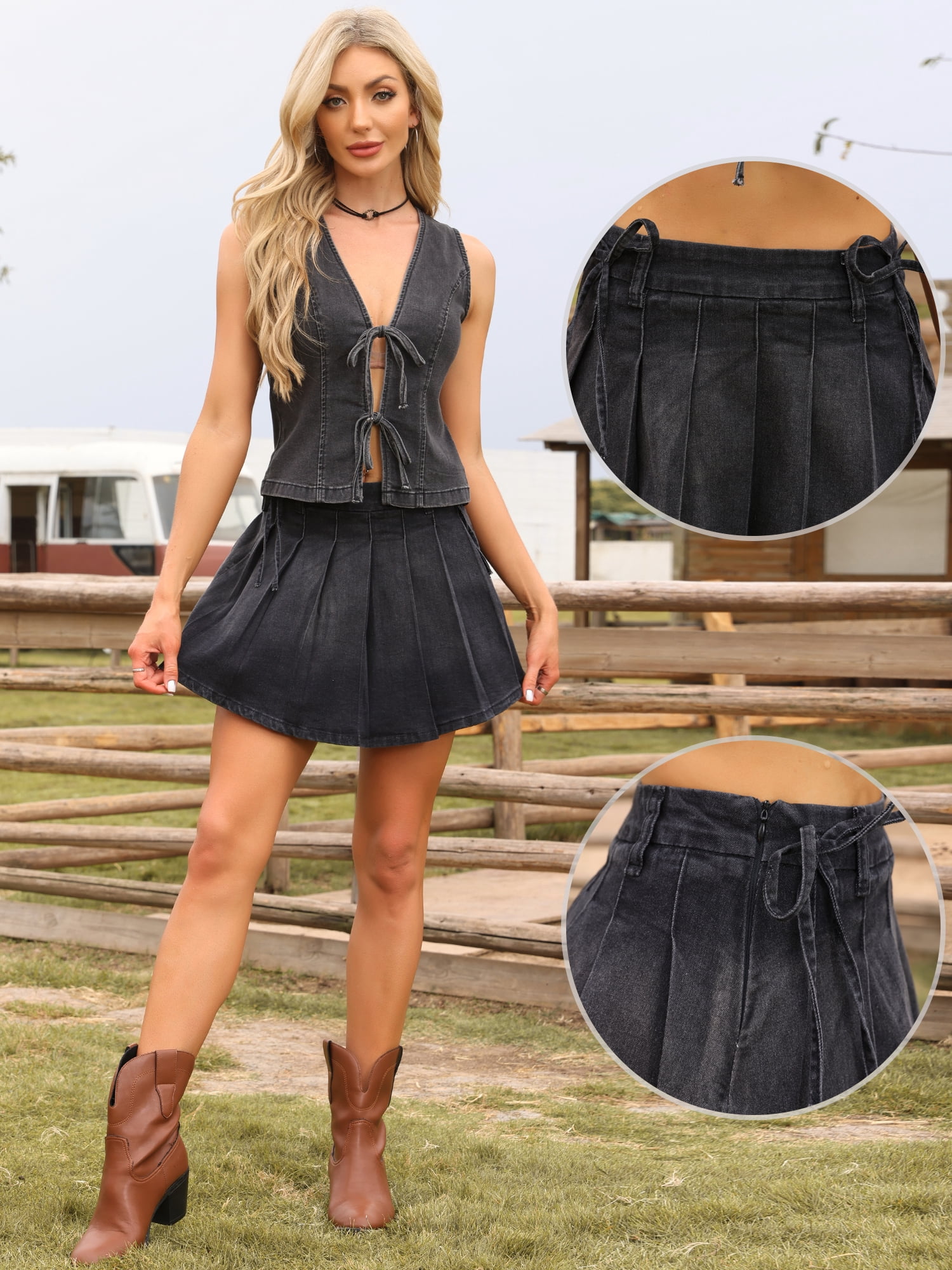 DARING DIVA Women's Denim Mini Pleated Jean A-Line Y2K Mini Skirt Medium Black
