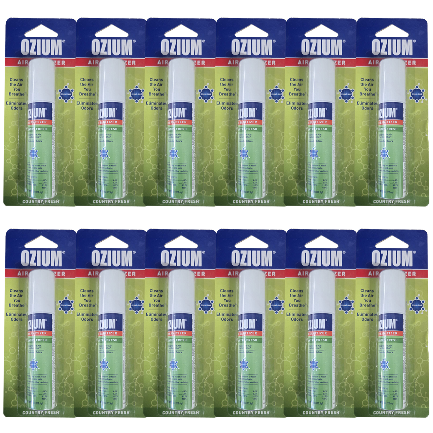 Ozium Smoke & Odor Eliminator Car & Home Air Sanitizer / Freshener, 0.8oz Spray Country Fresh (Pack of 12)