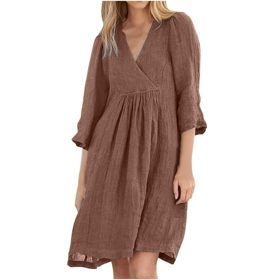 biudgviw Linen Dresses for Women Cotton Casual 3/4 Sleeve V Neck Mini Dress Flowy Lounge Pleated Vacation Fall Dress