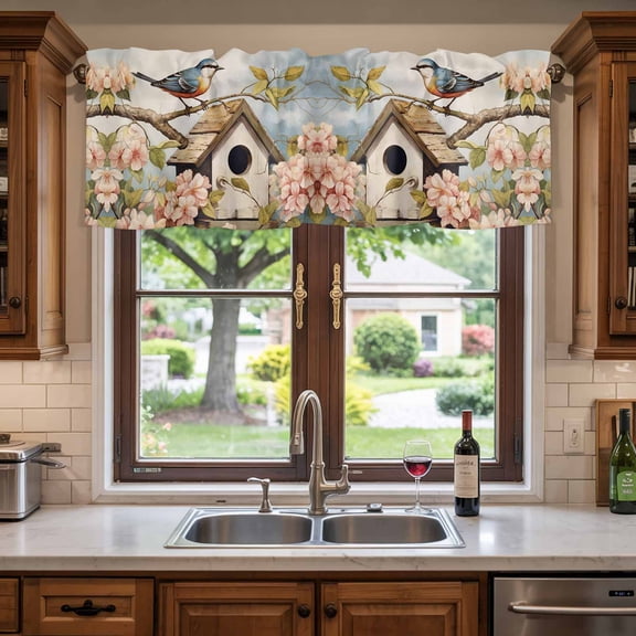 Kitchen Valances for Window, Farmhouse Pink Blossom Flower Bird Light Filtering Rod Pocket Valance Curtain, Retro Animal on Branch Short Curtains Window Topper for Bedroom Living Room 54x18in