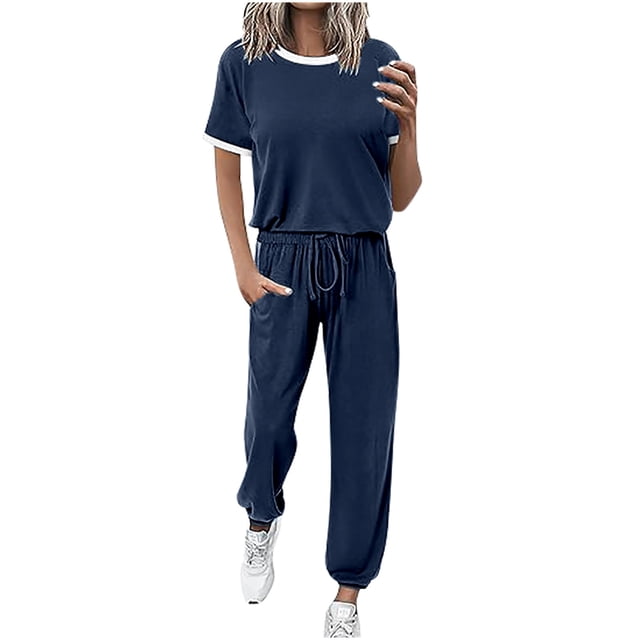 Yuyuzo Womens Workout Sets 2 Piece Sweatsuits Short Sleeve T Shirts Drawstring Running Pants with Pockets