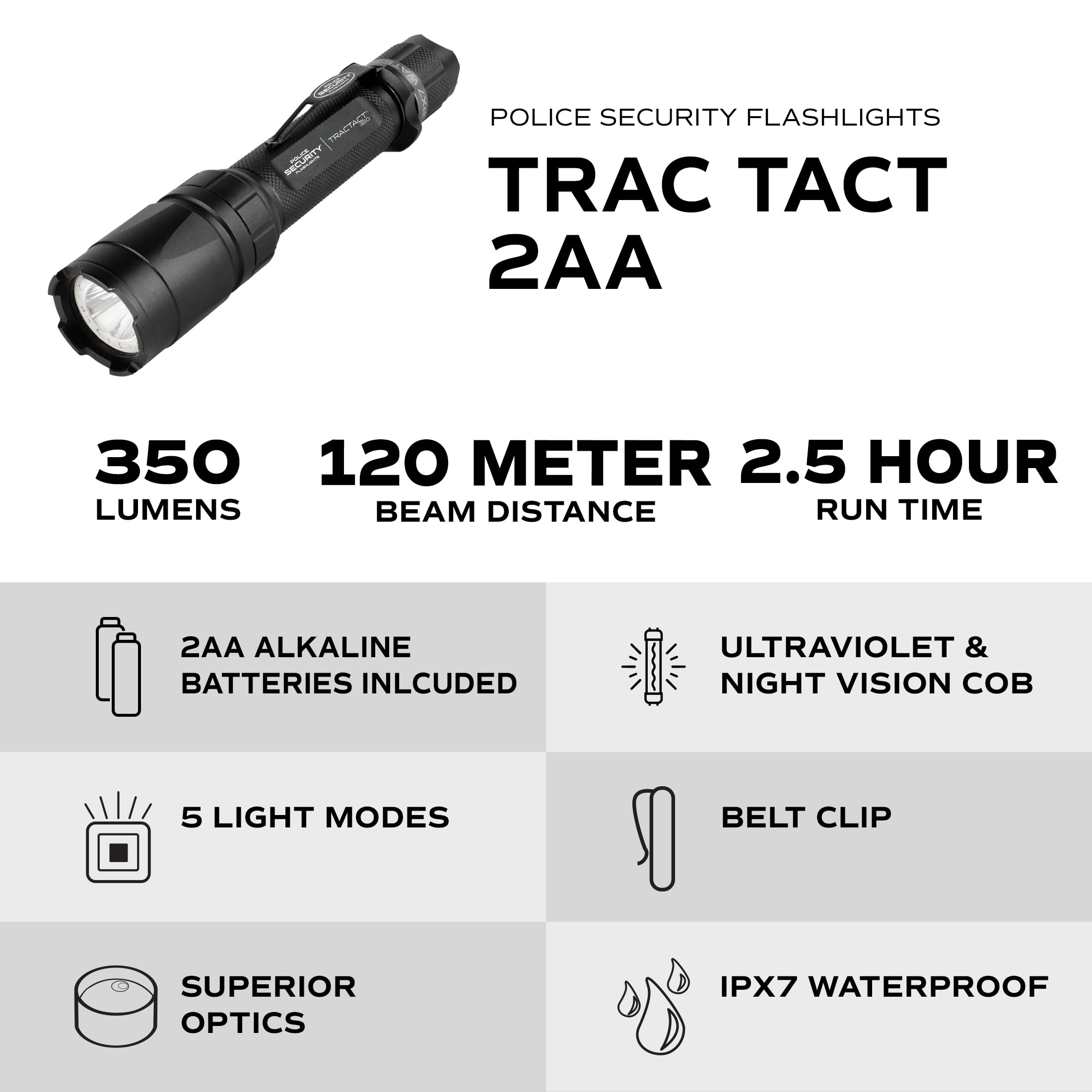 (3 pack) Police Security Trac-Tact 350 Lumen LED Flashlight, 2AA Black, Aluminum