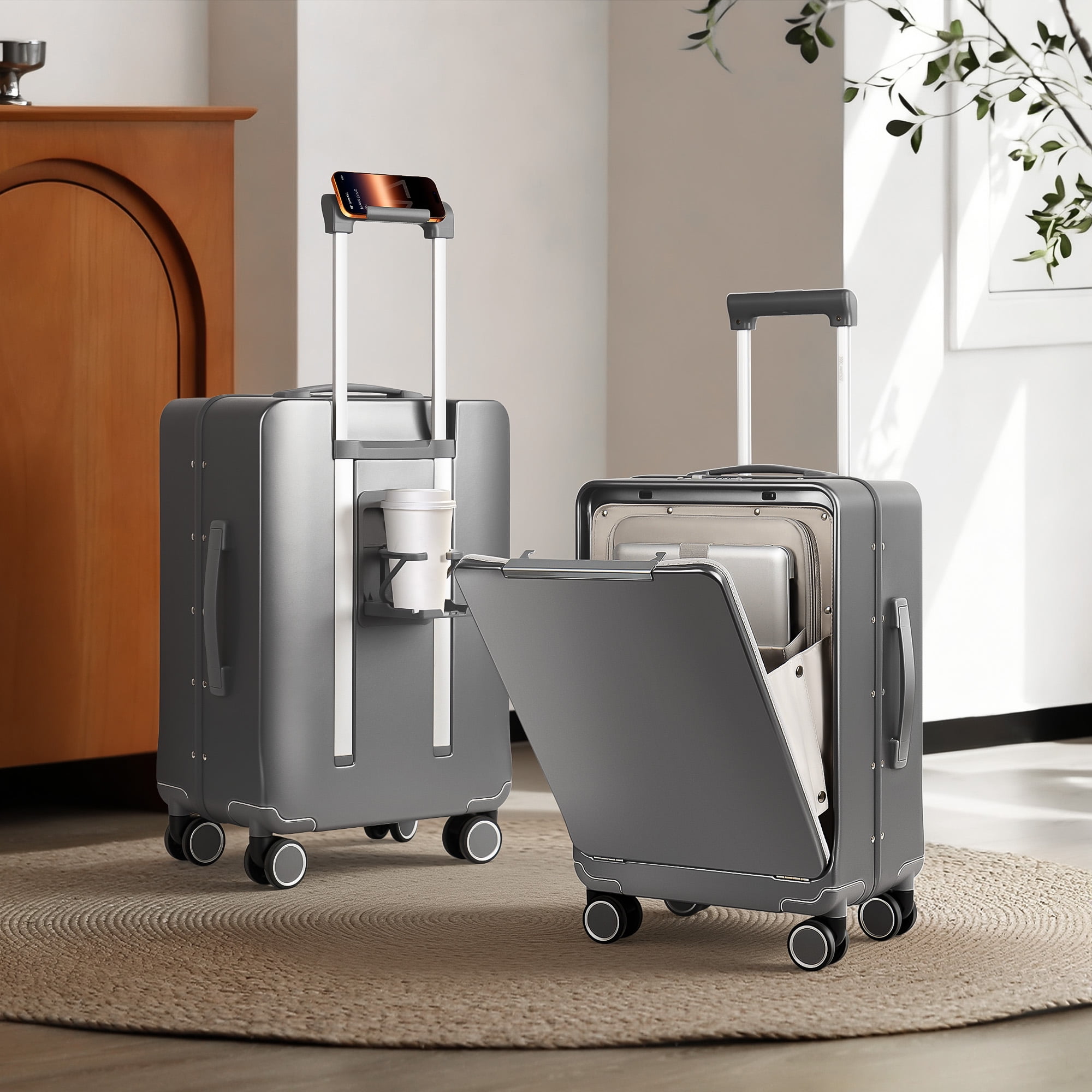 New York Xpress 20" Zipperless Carry-on Luggage, Hardside Aluminum Frame Suitcase with Spinner Wheels, TSA Approved, Grey - LA266