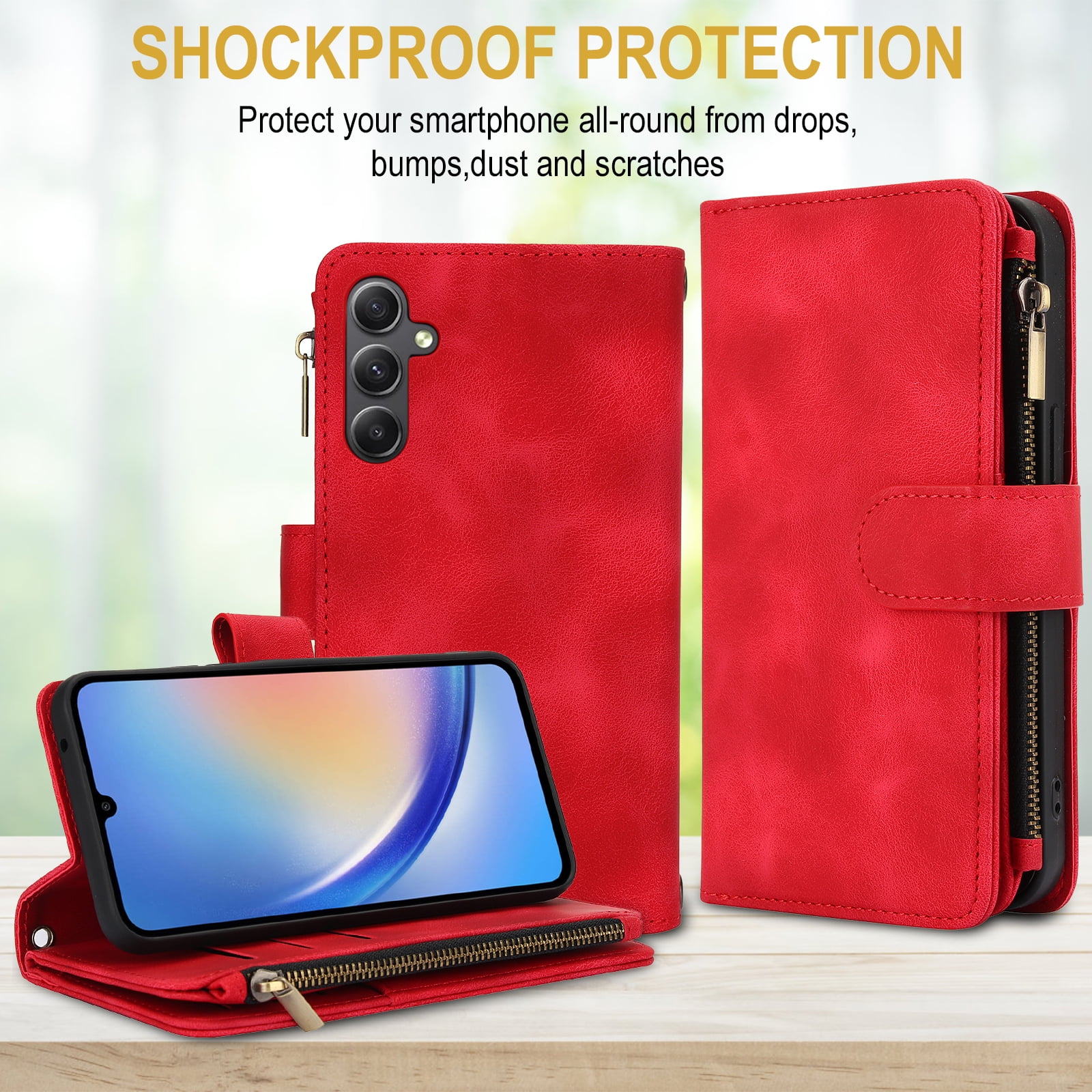 for Samsung Galaxy A16 4G/5G Wallet Case with Card Holder for Women Men, Phone Case RFID Blocking PU Leather Flip Shockproof Cover with Shoulder + Wrist Strap Zipper Credit Card Slots Stand, Red