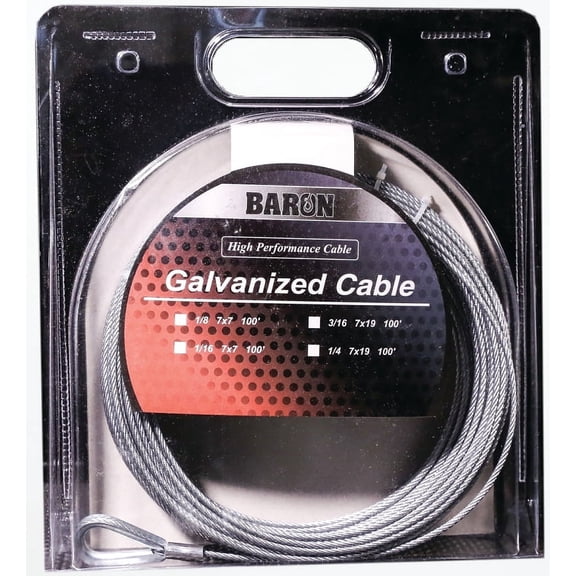 Baron 96005/50069 Aircraft Cable, 1/8 in Dia, 100 ft L, 1220 lb Working Load, Galvanized Steel