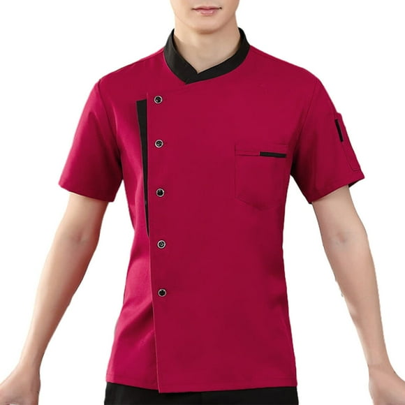 Chef Jacket Men Chef Coat Skin Friendly Chef Uniforms Pocket Unisex Chef Jacket O-Neck Cheap Short Sleeve Tops Bakery Cooking Clothes Work Wear Red M