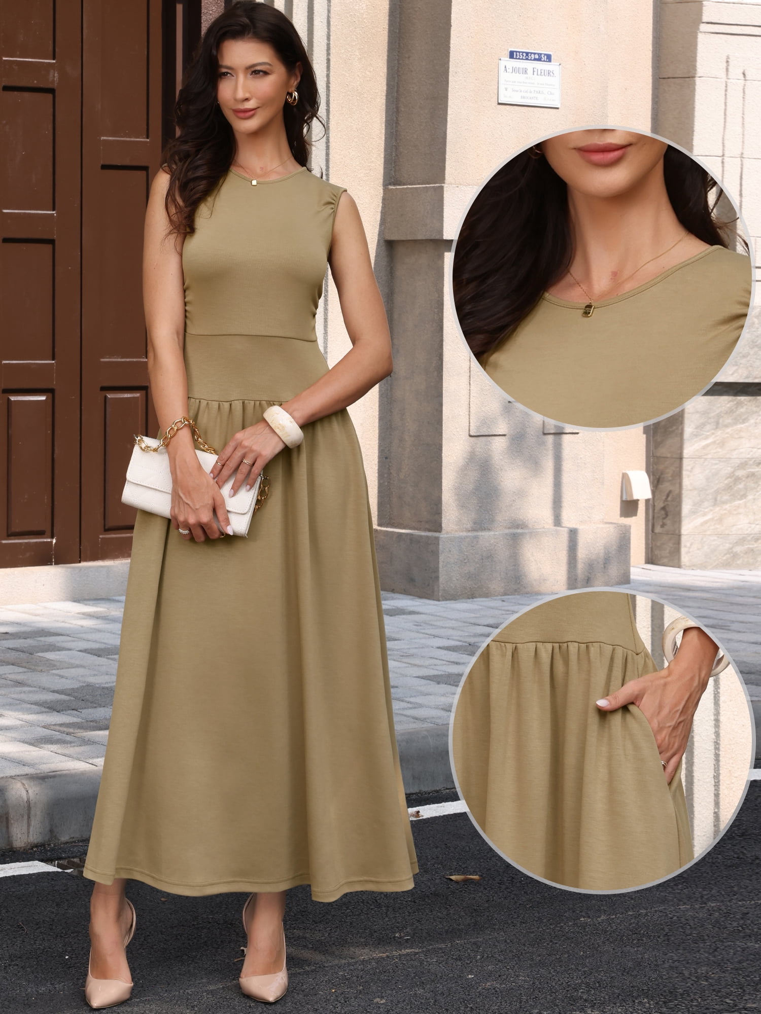 DARING DIVA Women's Maxi Dress Sleeveless Flowy Sundress Long Dresses L Khaki