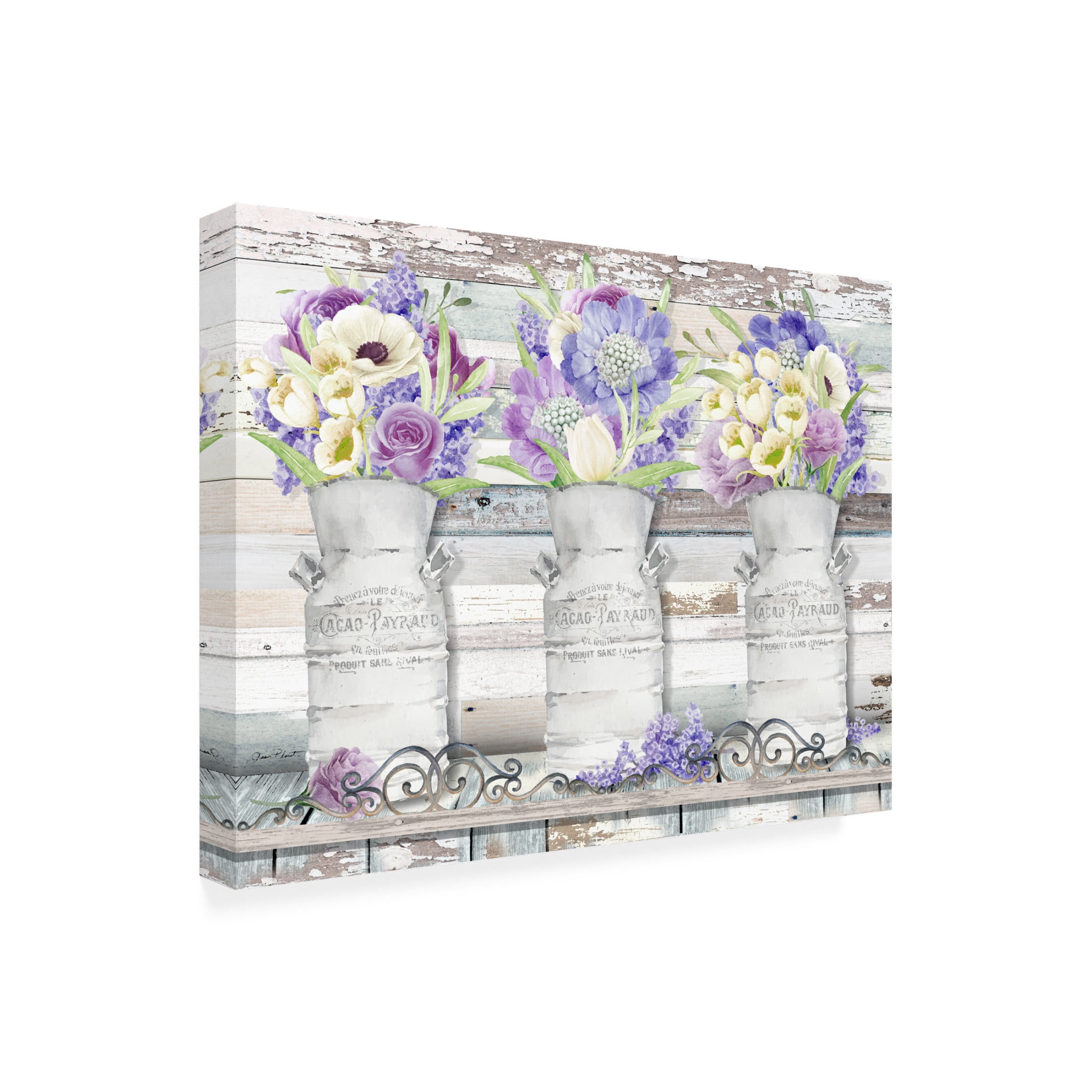 Canvas Wall Art - Jean Plout 'Milk Cans With Florals A' Wall Art for Living Room, Bedroom, or Office Décor by Trademark Fine Art - 24 x 18 Inches
