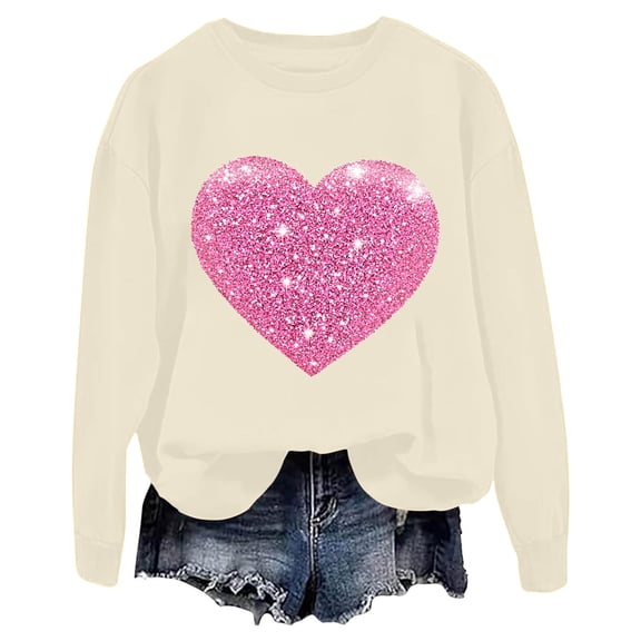 TKLPEHG Womens Heart Sweatshirt Valentines Day Crewneck Sweatshirt Casual Dressy Lightweight Heart Print Graphic Tops Loose Long Sleeve Pullover (Beige,XXL)