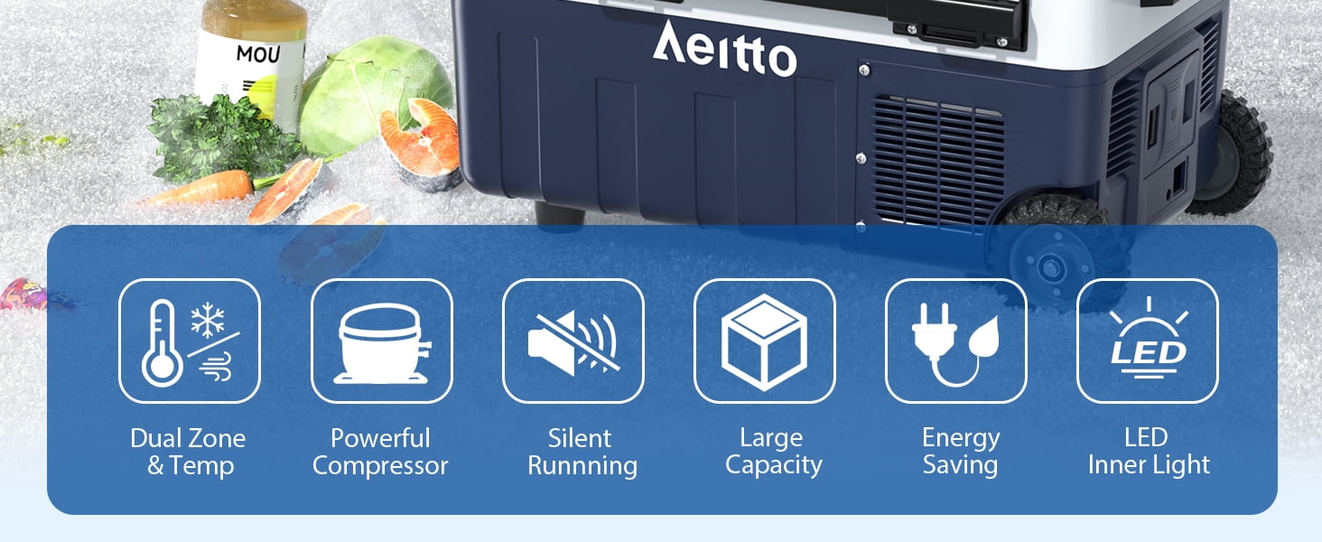 Aeitto Electric Cooler,  32QT Portable Car Refrigerator Frezzer with Dual Zone&Independent Temperature Control, -4℉-68℉ Electric Compressor Cooler for Car, RV, Outdoor