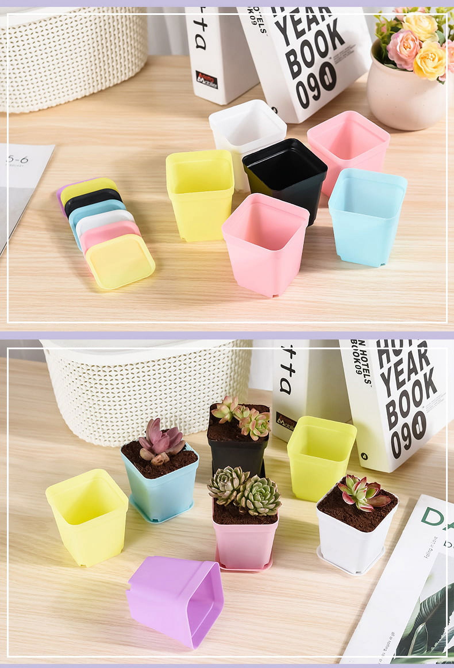 Nvzi 30 piece set of colorful flower pots 2.75 × 2 × 3.15IN Black square flower pots, space saving design, nursery flower pots with trays and drainage holes, seed starter tray