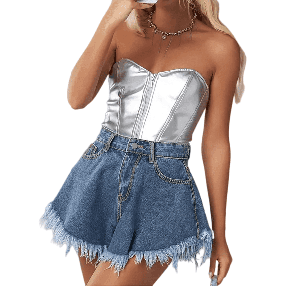 Women's Blue High Waisted Denim Shorts, Wide Leg A-Line Jean Shorts with Frayed Hem