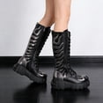 thumbnail image 4 of Knee High Flame Round Toe Thick Sole Platform Chunky Heels Women Shoes Plus Size Metal Decoration Fashion Gothic Punk Street Casual Shoes, 4 of 11