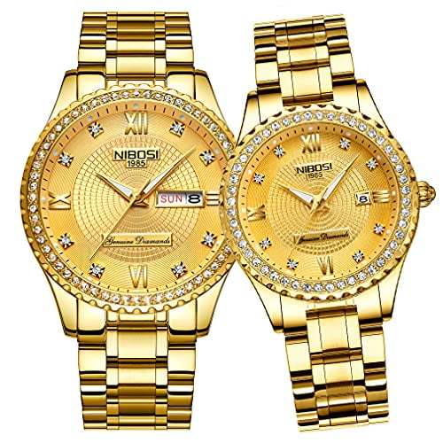 Watches for Couples Diamond Luxury Men and Women His and Hers Pair Watch Set Husband Wife Valentines Matching Wrist Watch Wedding Gifts Day Date Waterproof Quartz Analog