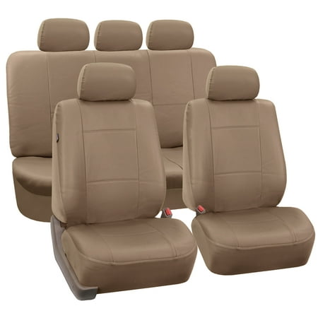 FH Group Tan Faux Leather Airbag Compatible and Split Bench Car Seat Covers, Full