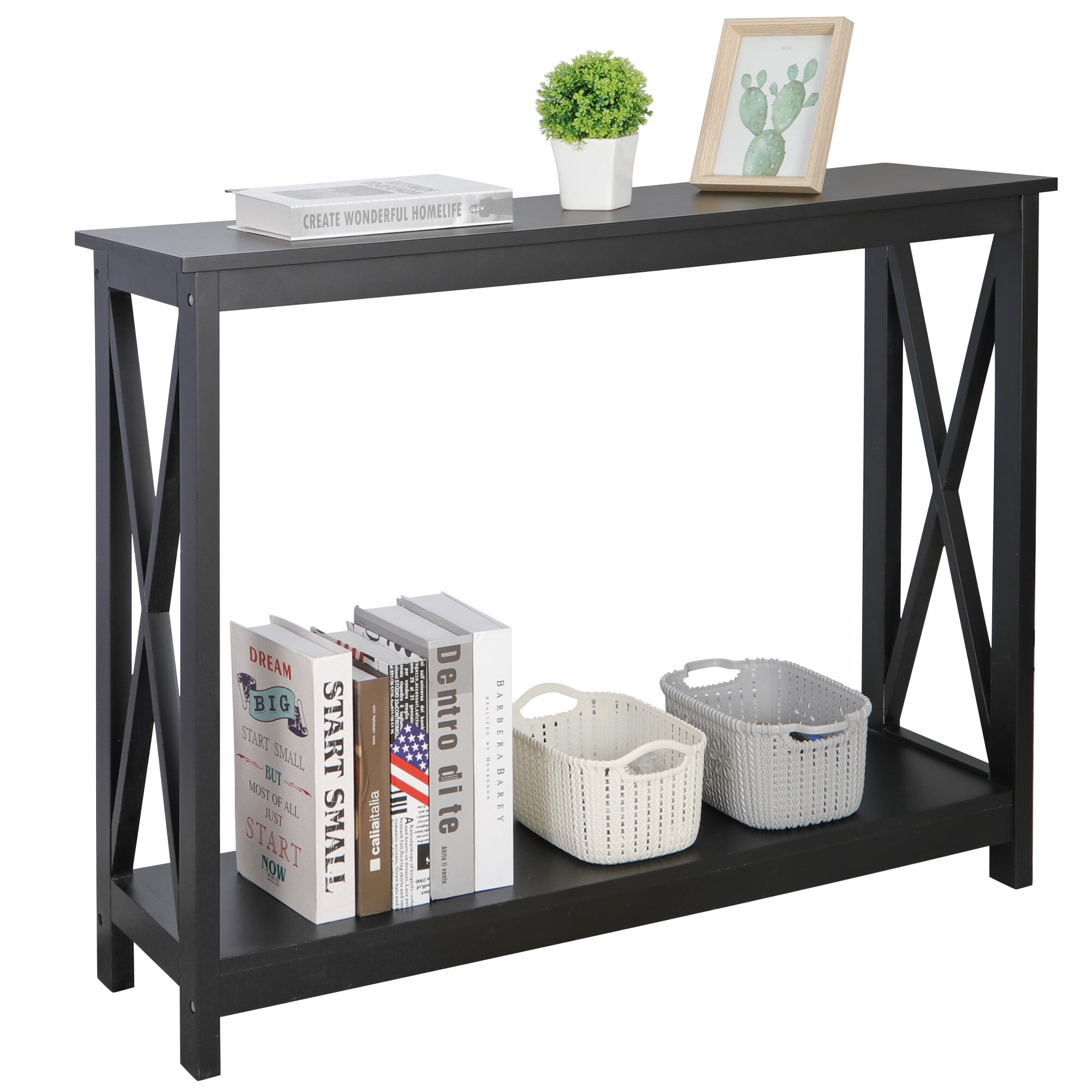 HomGarden Modern Narrow Console Table 2-Shelves Wooden Sofa Side Table, Black