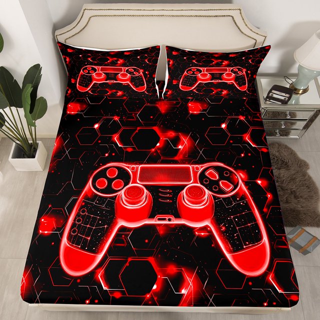 Erosebridal Modern Gamer Fitted Sheet Queen, Red Gamapad Bedding Set Queen Size, Abstract Decor 3 Pieces