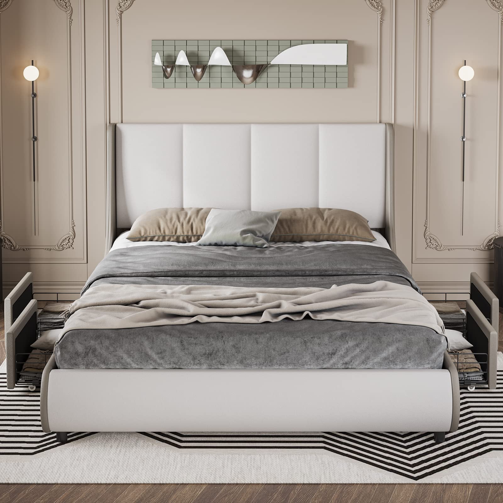 DICTAC Queen Bed Frame with 4 Storage Drawers and Wingback Headboard, Modern Upholstered
