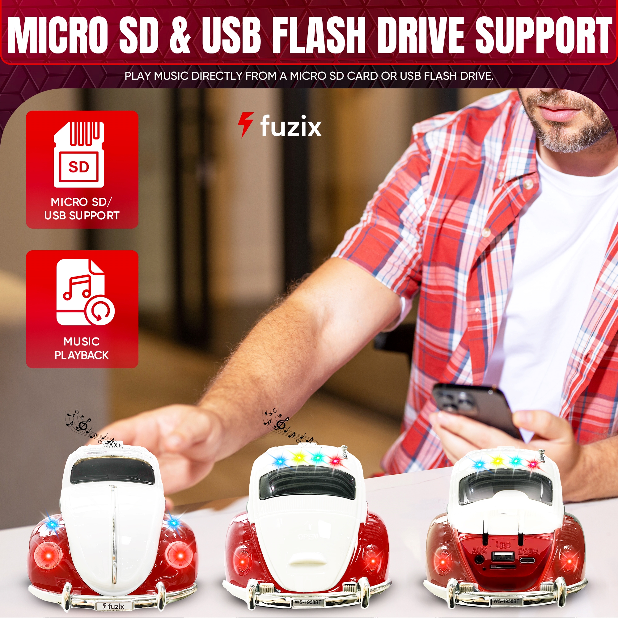 Fuzix WS-1958 Car Bluetooth Portable Speaker with LED AUX USB FM Rechargeable